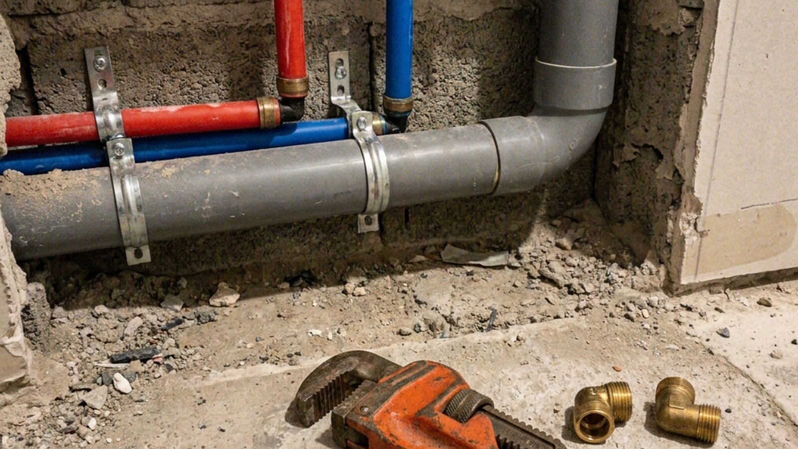 Uued PEX vee- ja kanalisatsioonitorud vannitoa seinas enne plaatimist, survetest tehtud
