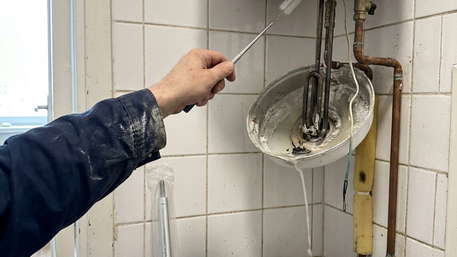 Hooldusmeister puhastab elektriboileri küttekeha katlakivist Tallinna paneelmajas