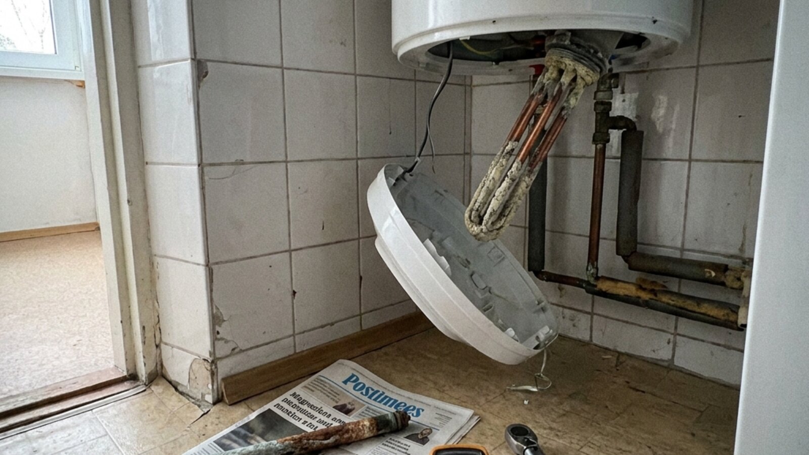Avatud 80-liitrise elektriboileri sisemine küttekeha katlakivis Lasnamäe korterimaja vannitoas