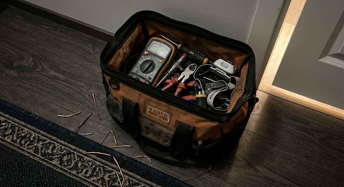 Elektriku tööriistakott multimeetri, testri ja tangidega korteri põrandal