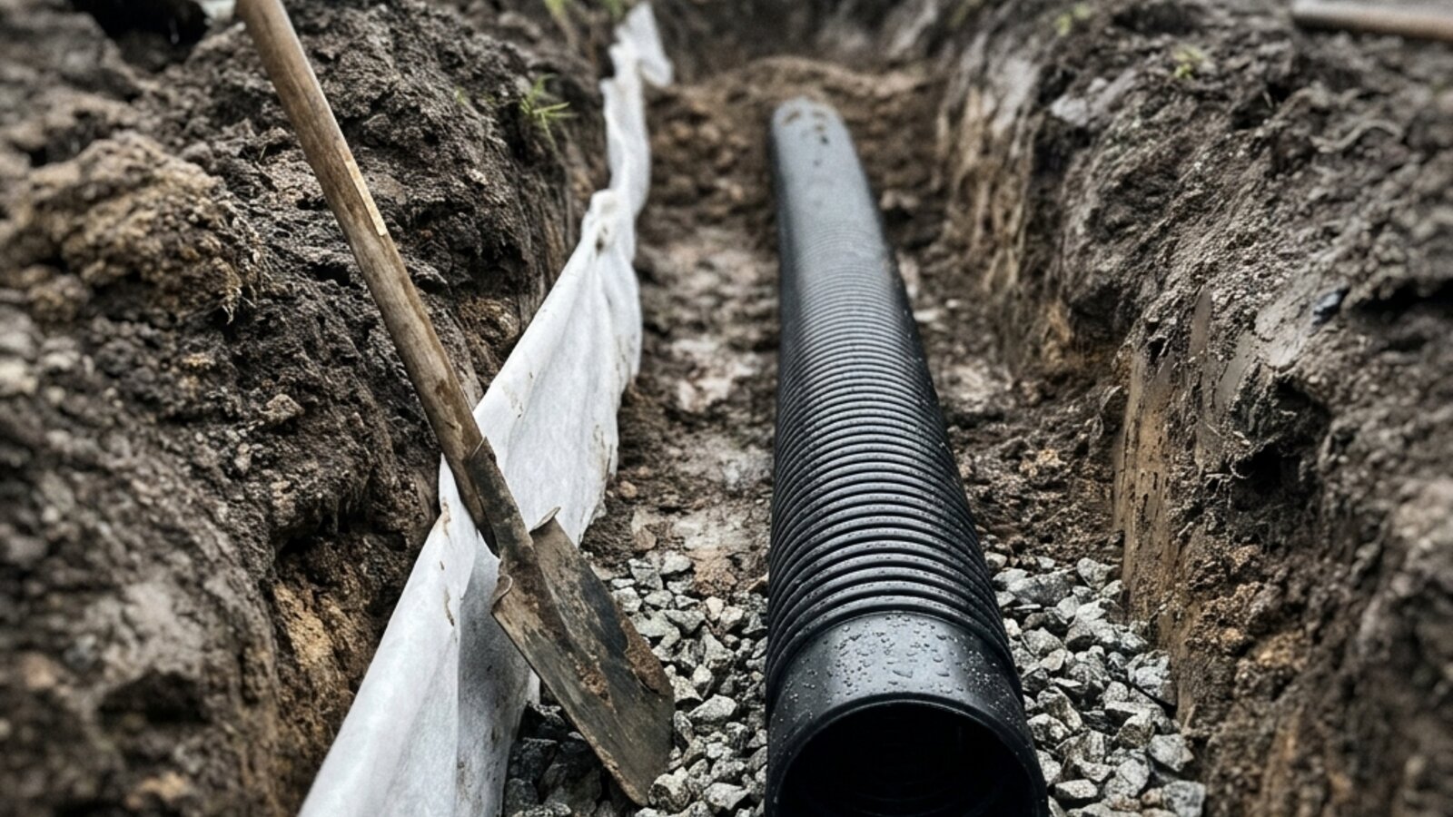 Drenaažitoru ja killustik kaevikus maja ümber, geotekstiil servas, Harjumaa eramu