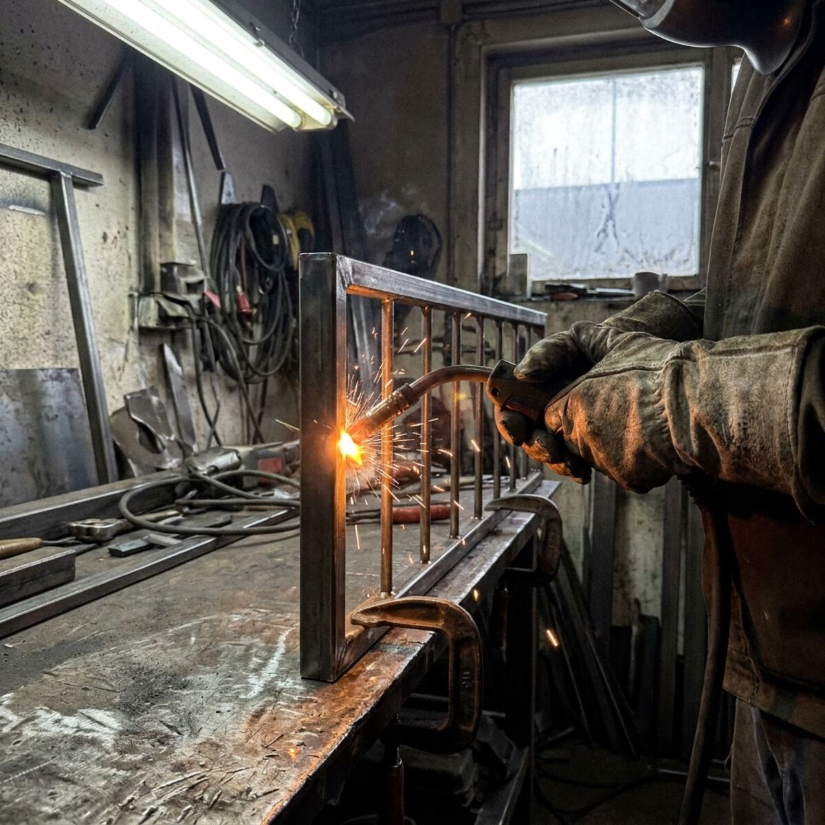 Keevitaja keevitab metallsektsiooni töökojas, sädemed lendavad