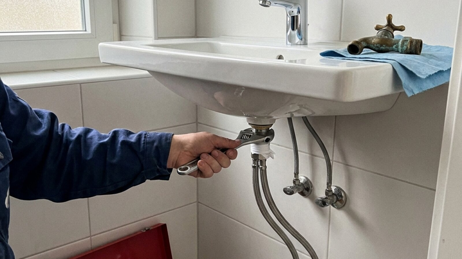 Сантехник устанавливает новый смеситель в стиле Hansgrohe на раковину ванной в квартире Пирита