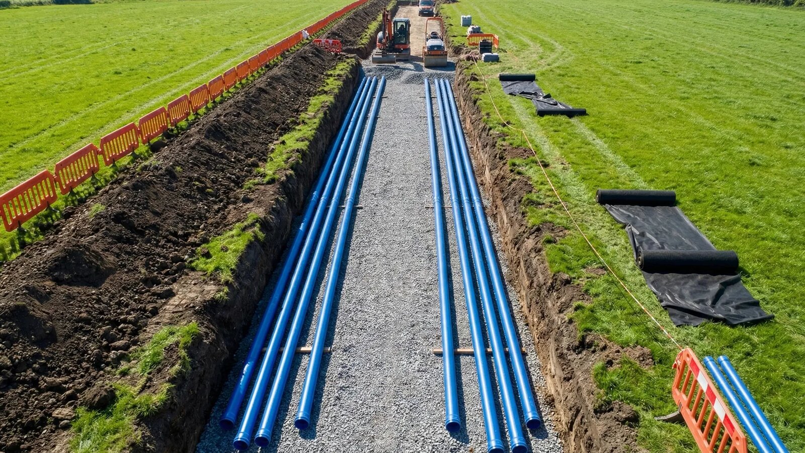 Perforeeritud torud kruusavoodil pikas kaevandis, oranž ohutuspiire servas, imbväljaku ehitus Harjumaal