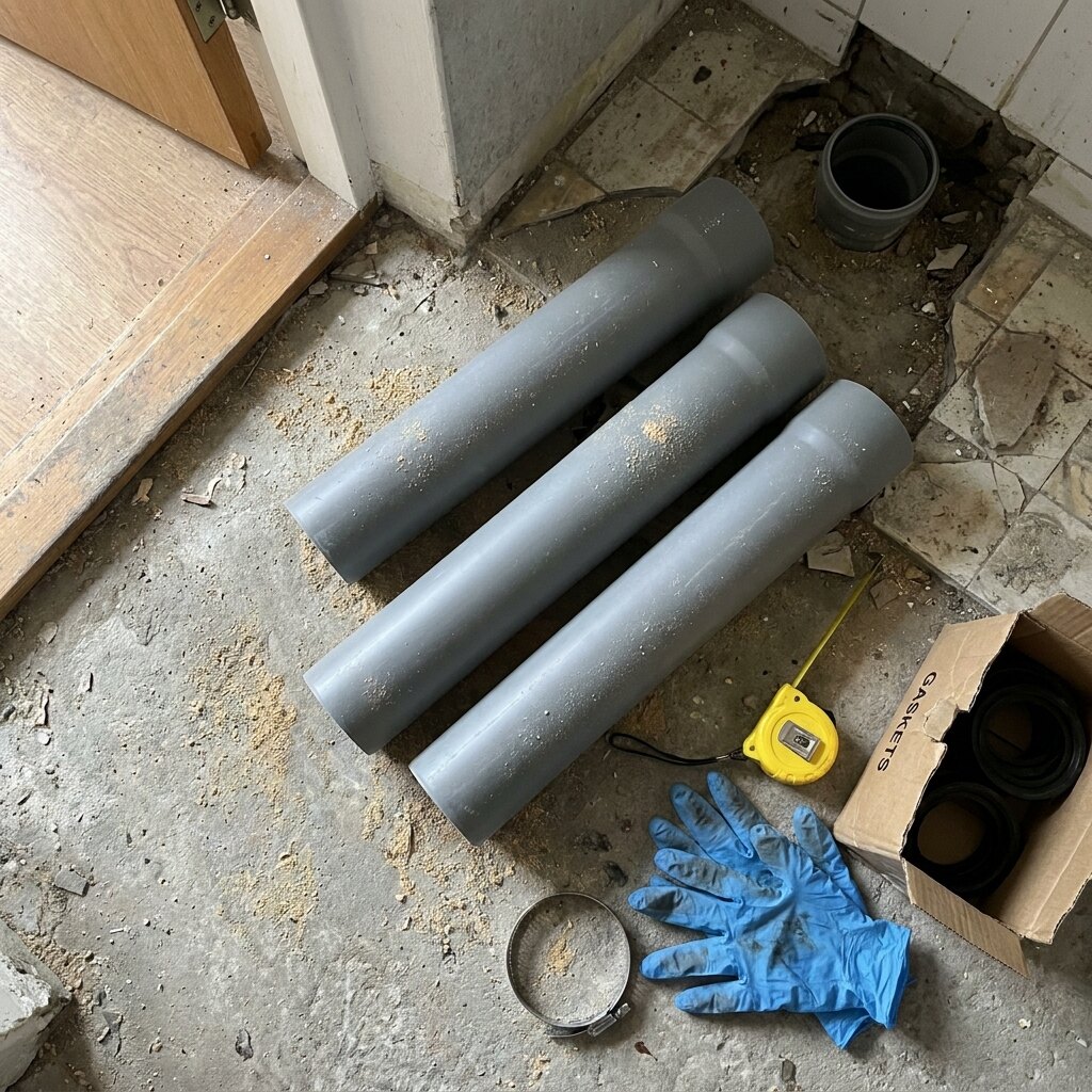 Новые PP/HDPE-трубы стояка, рабочие перчатки и рулетка для подготовки замены в Таллинне