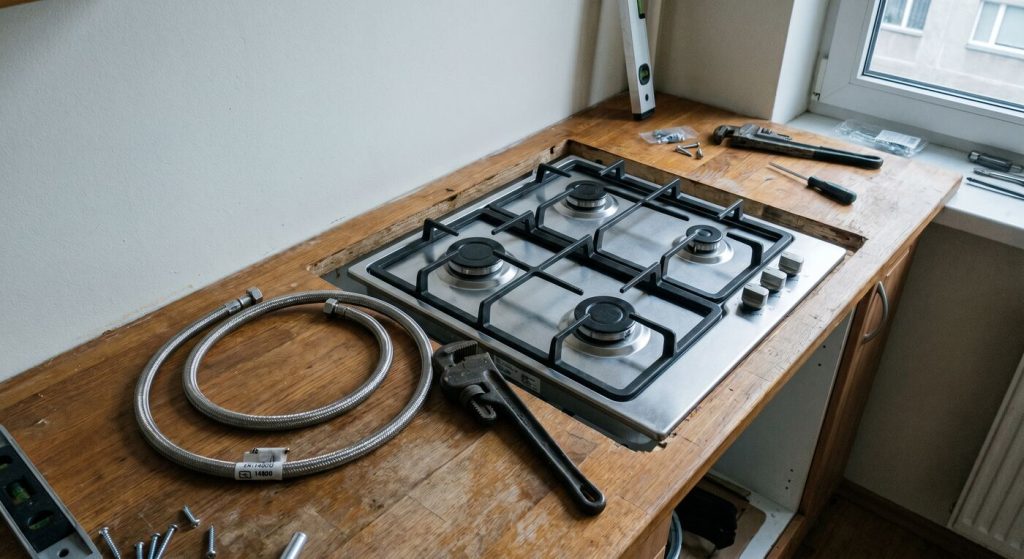Подключение газовой плиты в Таллинне: новая плита и инструменты на кухонном столе
