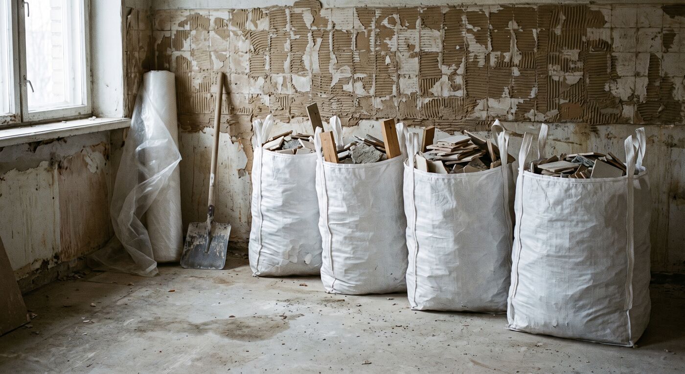 Пошаговый вывоз мусора в Таллинне: мешки big-bag с плиткой и штукатуркой после демонтажа