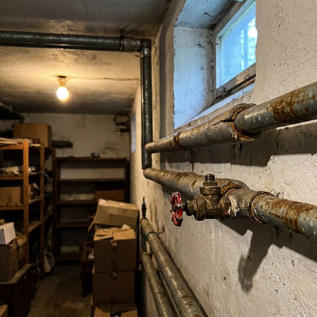 Roostes tsingitud magistraaltorud Mustamäe keldris enne santehnilisi töid