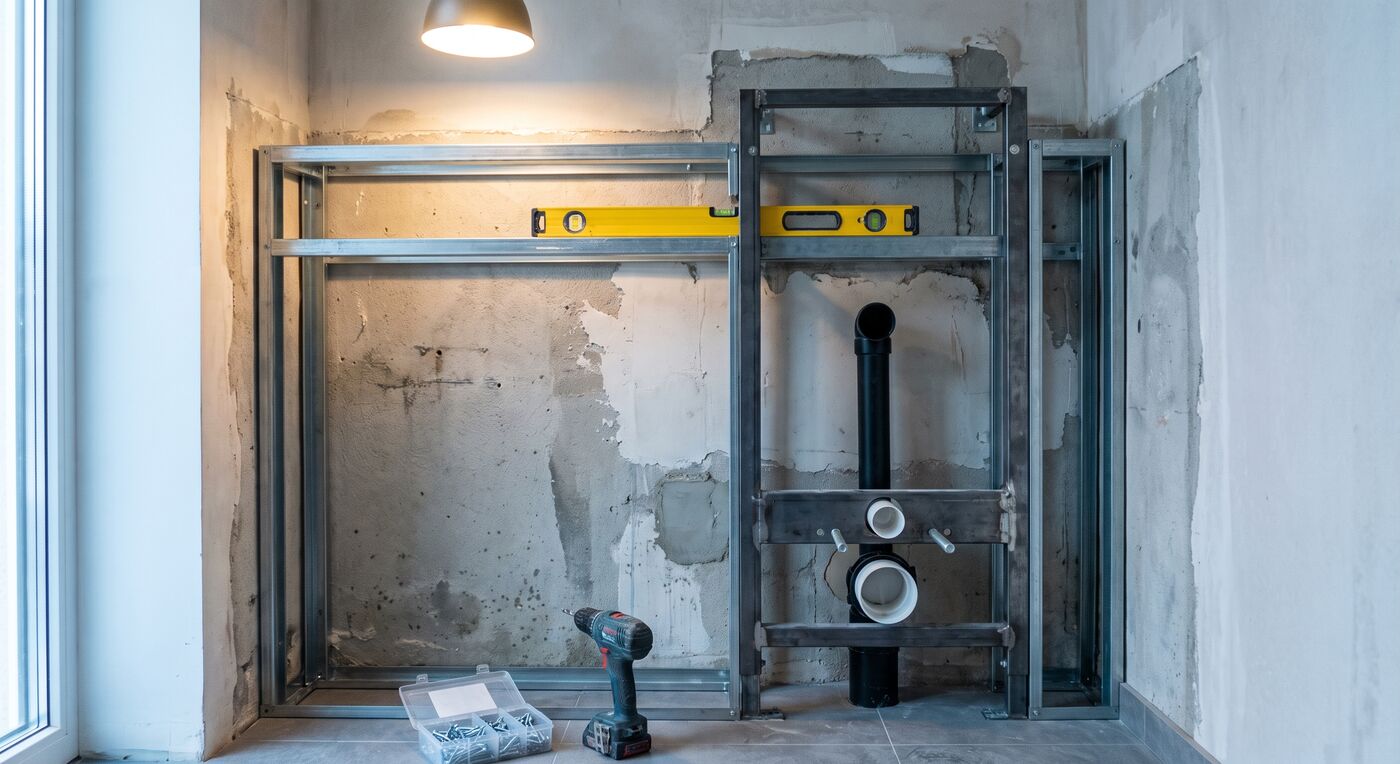 Seina-WC paigaldusraam enne wc poti paigaldust vannitoas
